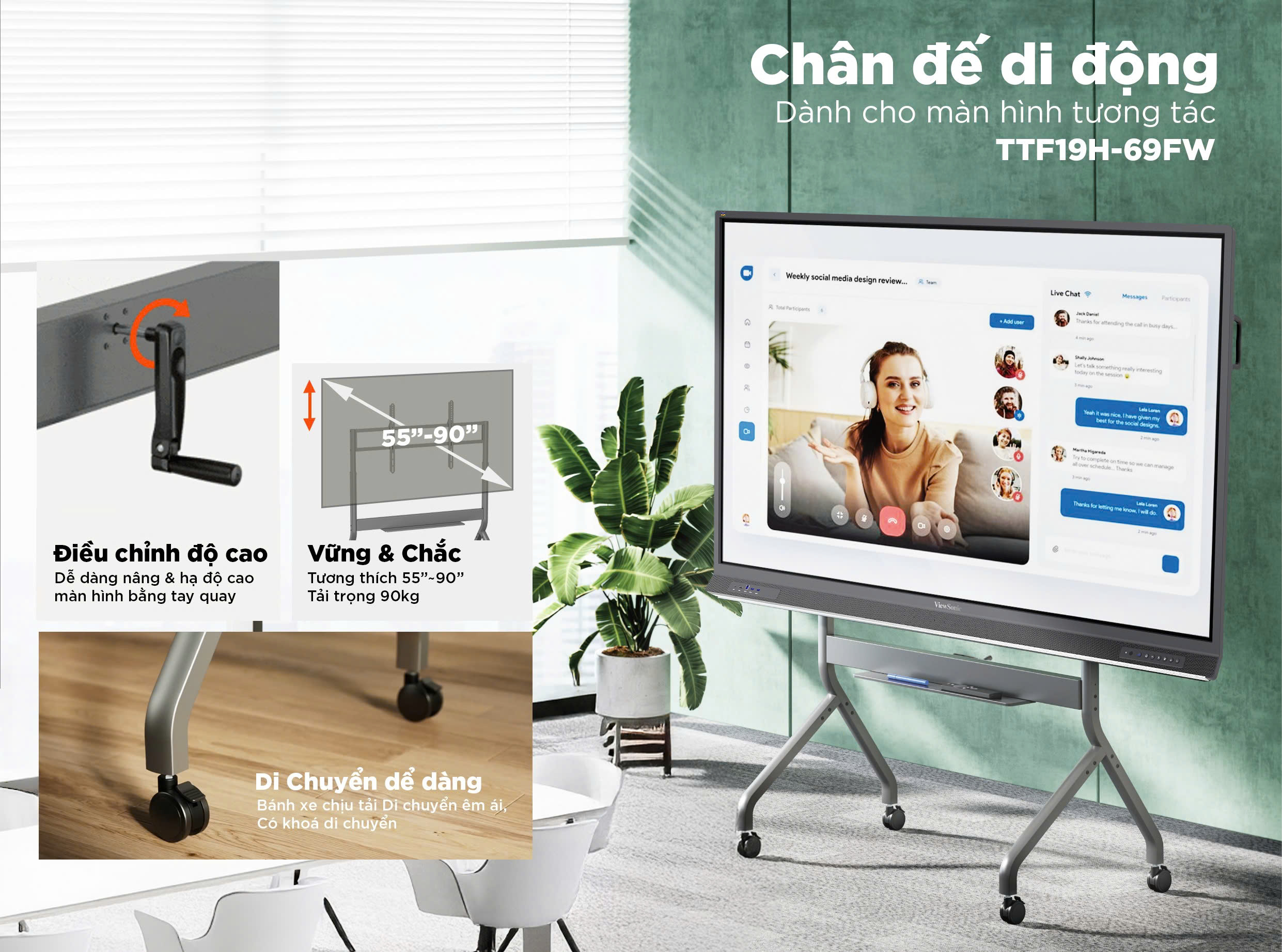 Bộ chân đế di động chuyên dụng cho màn hình tương tác / TV TTF19H-69FW SlimLift